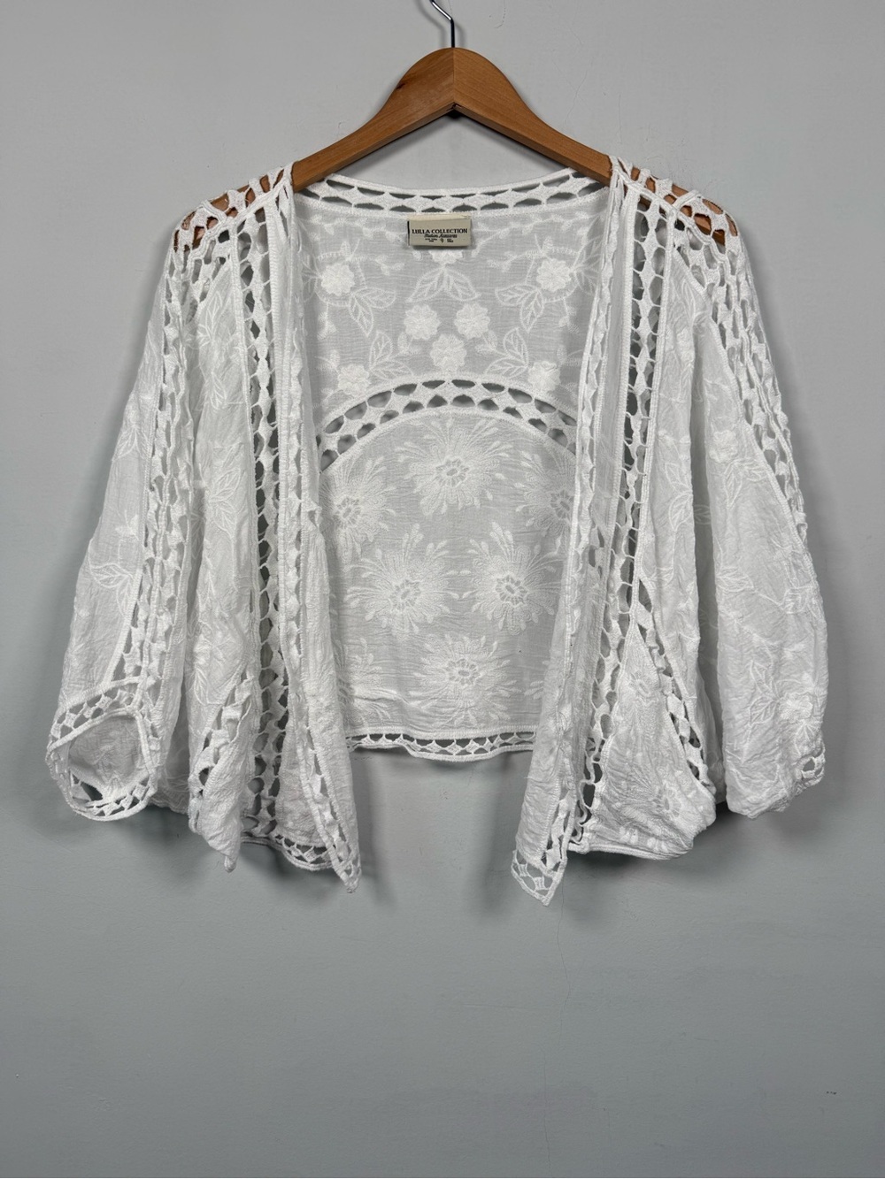 Lulla Collection White Crochet-Trim Open Front Blouse, One Size, Great Condition